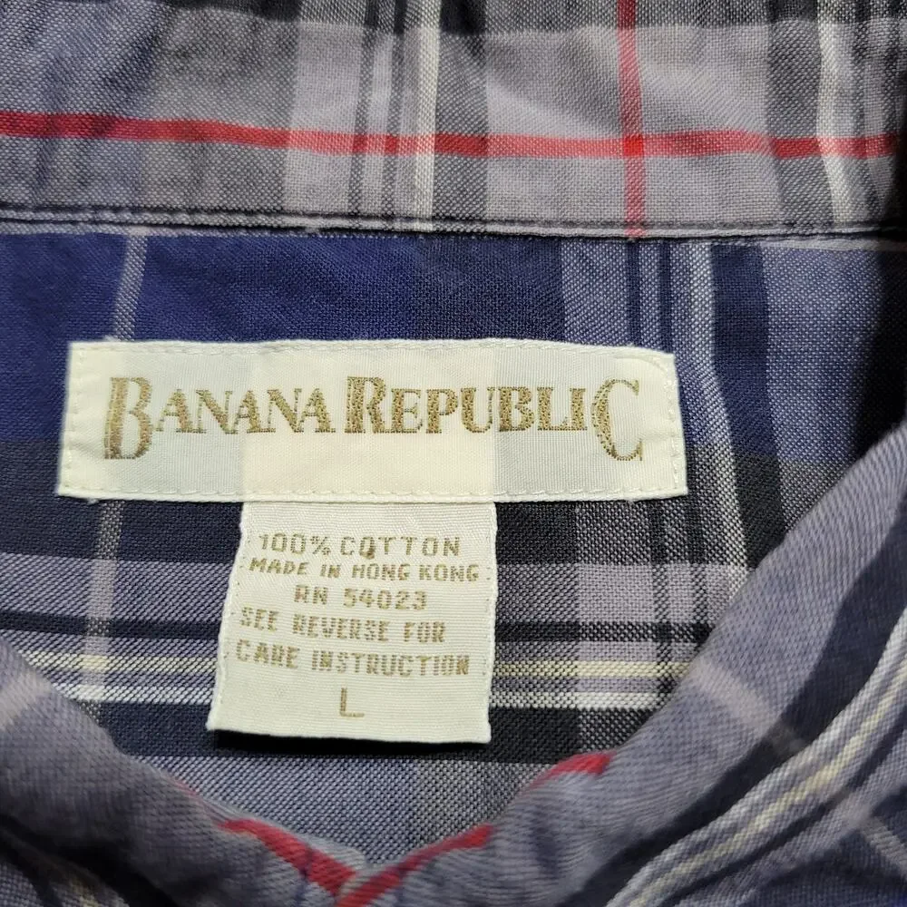 Vintage Banana Republic Shirt Mens Large Blue Tartan Plaid Preppy 90s Pocket